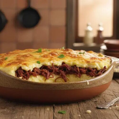 Escondidinho de carne seca cremoso: purê lisinho e bem recheado Escondidinho de carne seca
