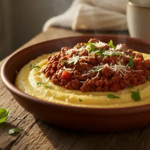 Polenta cremosa com carne moída